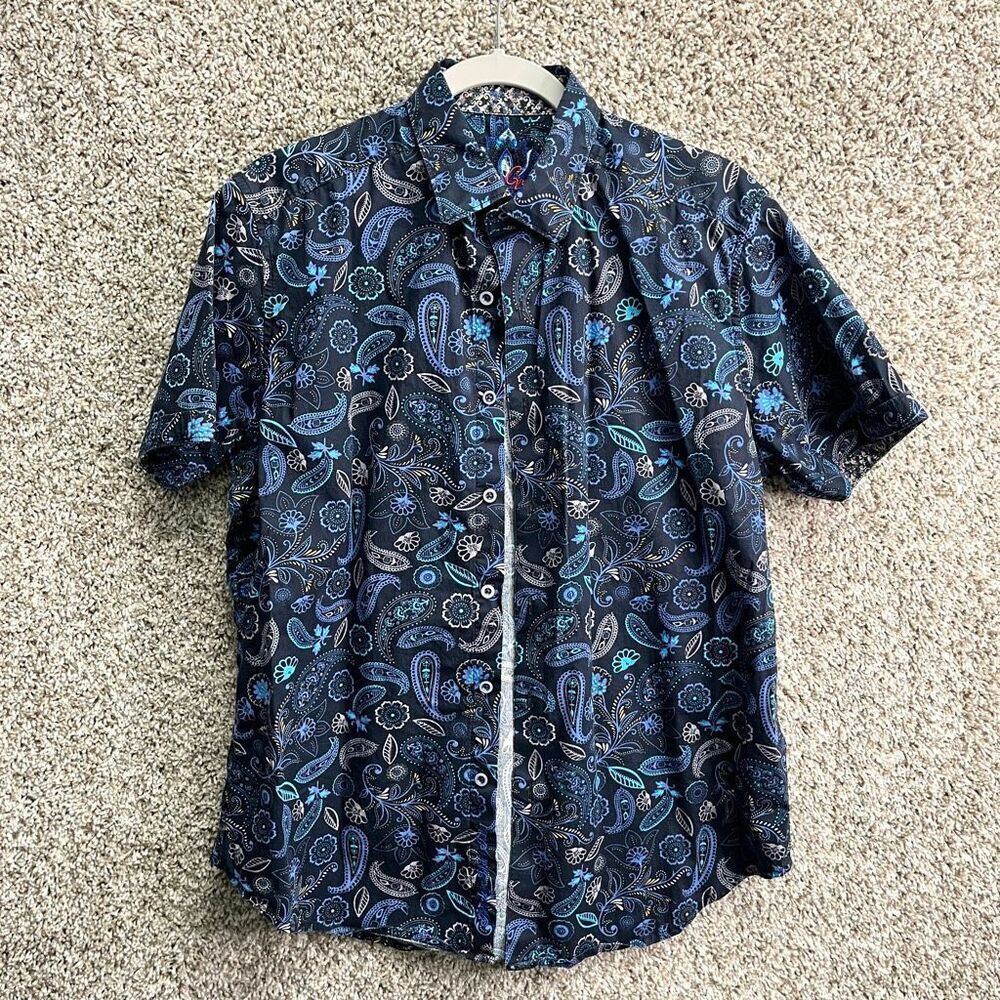 Robert Graham Shirt Men’s Medium Blue Paisley Print‎ Classic Fit Short Sleeve